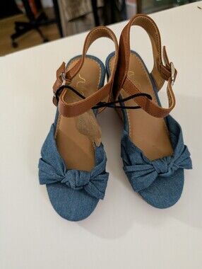 Child's Denim Knot Front "Sugar"Slingback Sandals with Brown Straps